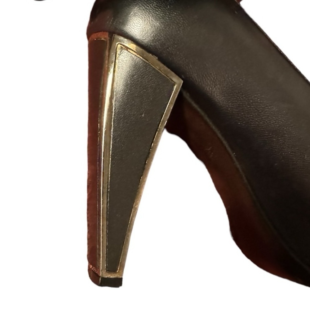 Stuart Weitzman Black Leather Pumps with Silver Accent Block Heel, Size 9 - Picture 11 of 12